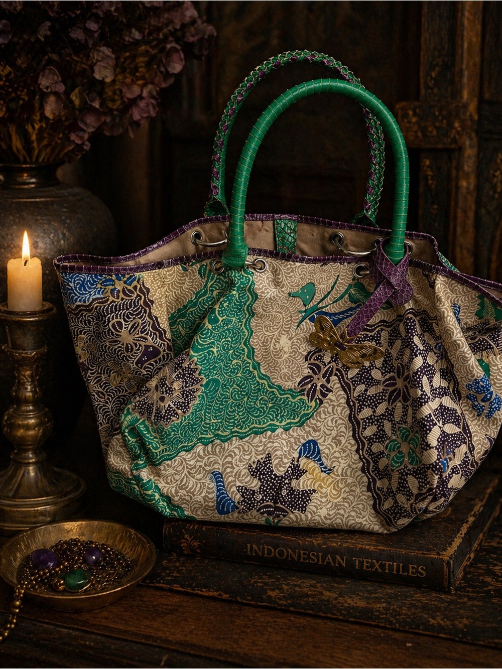 Batik Chic Indonesia Tote python leather handles butterfly charm boho luxury bag